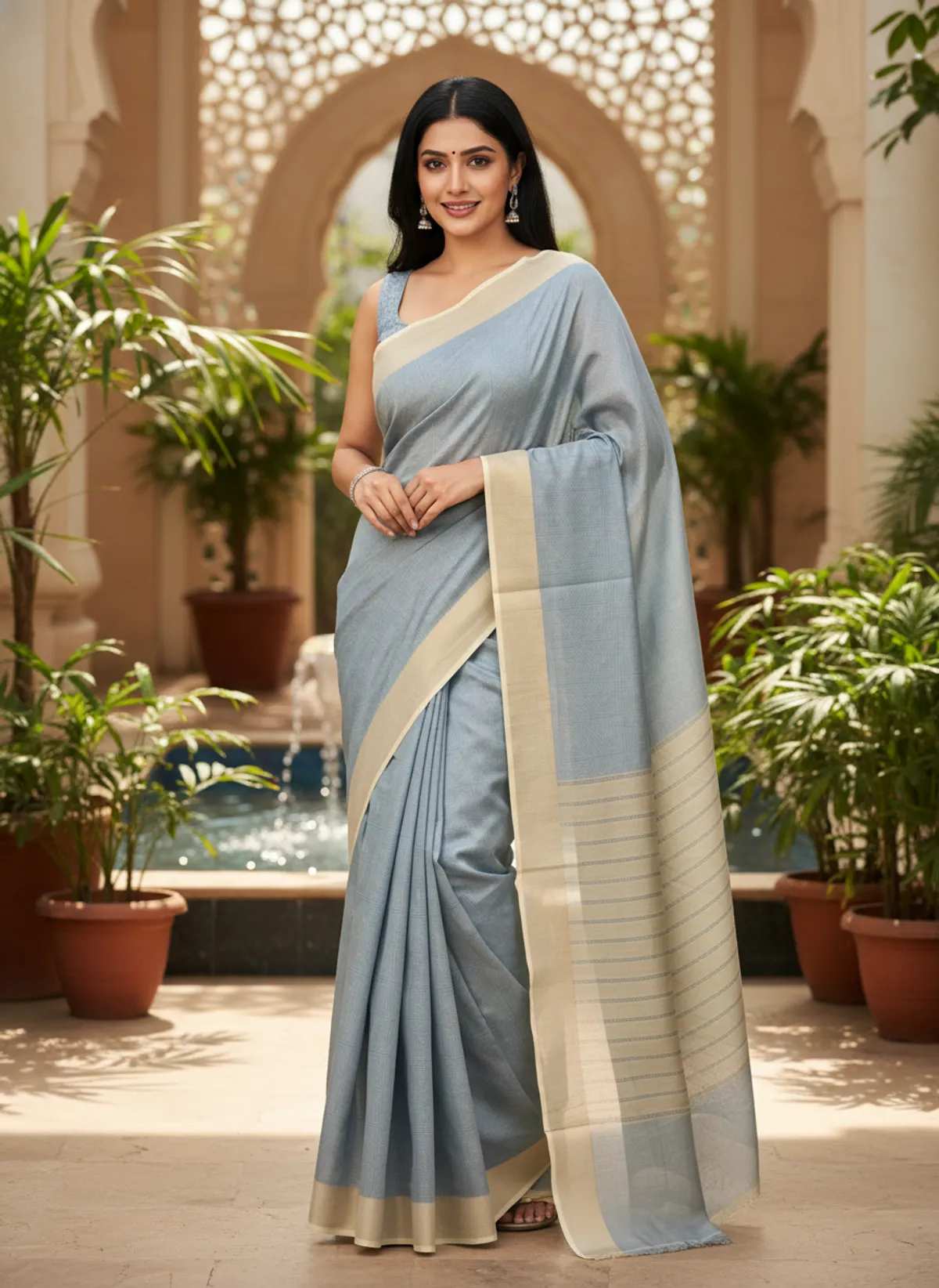 Grey Womens Banarasi Cotton Silk Self Work Saree Contrast Aanchal